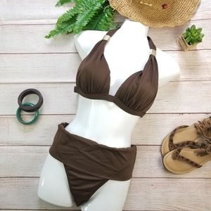 Brown M 2 Piece Swimsuit Padded Bikini Fold-Over